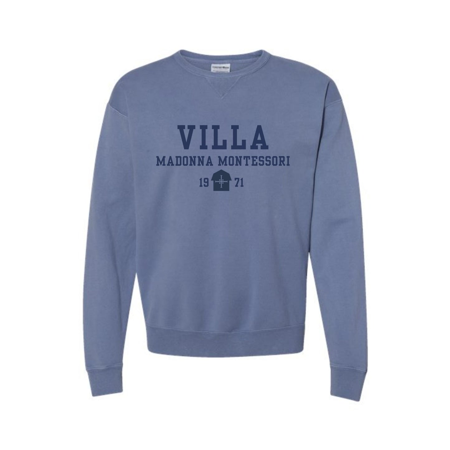 Blue sweatshirt with 'Villa Madonna Montessori' text on a white background