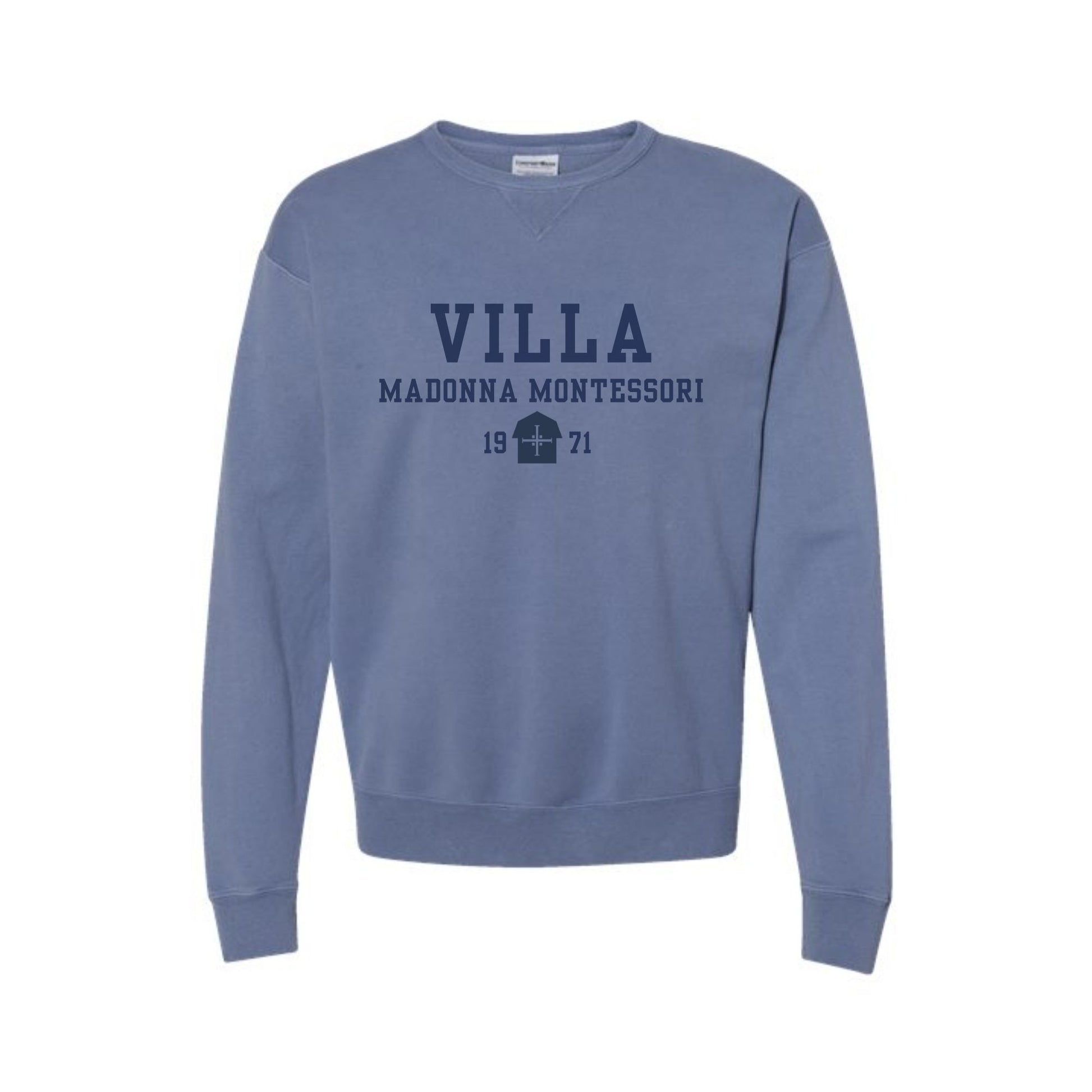 Blue sweatshirt with 'Villa Madonna Montessori' text on a white background