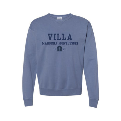 Blue sweatshirt with 'Villa Madonna Montessori' text on a white background