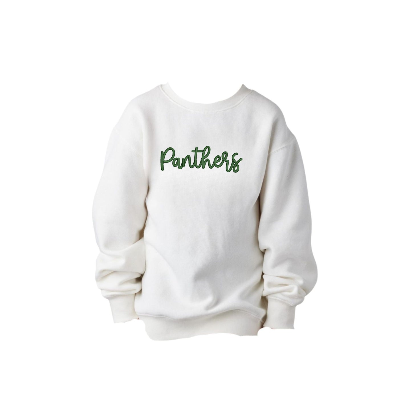 White sweatshirt with 'Panthers' text on a white background