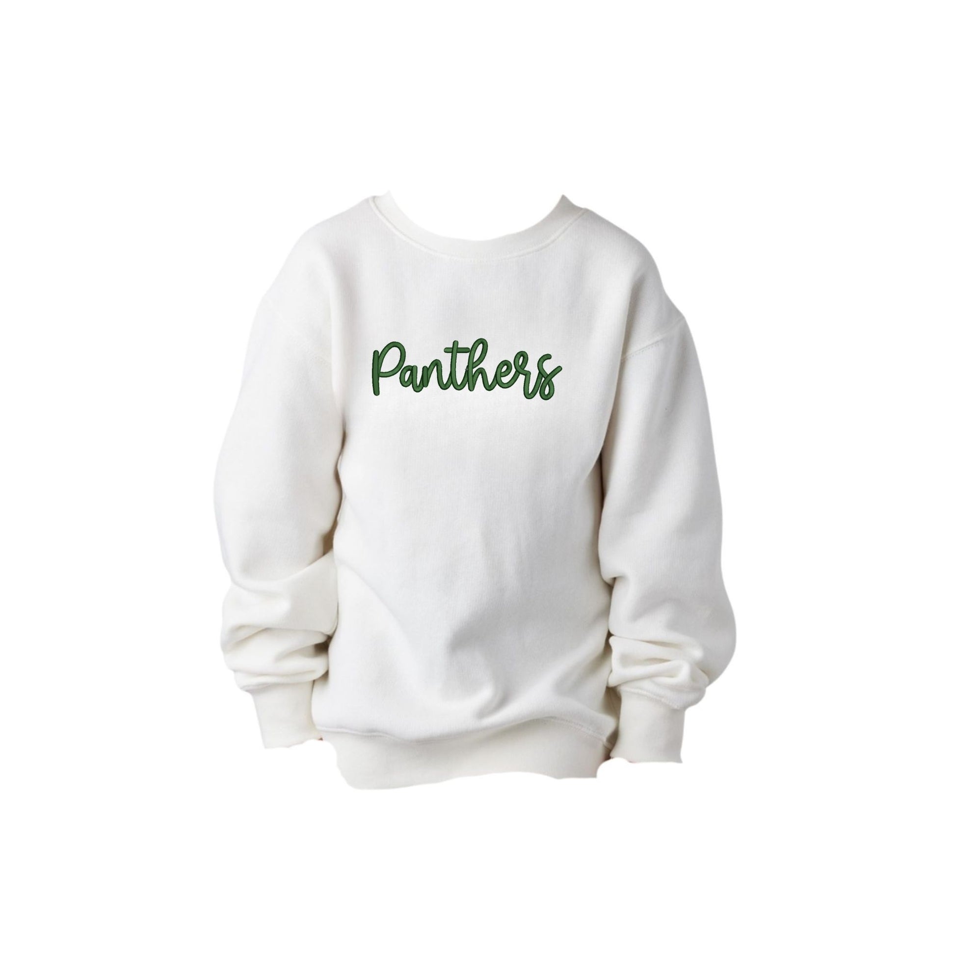 White sweatshirt with 'Panthers' text on a white background
