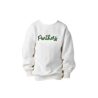 White sweatshirt with 'Panthers' text on a white background