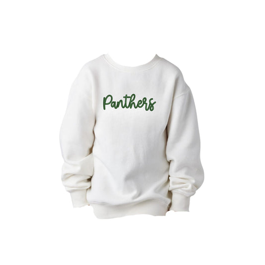 White sweatshirt with 'Panthers' text on a white background