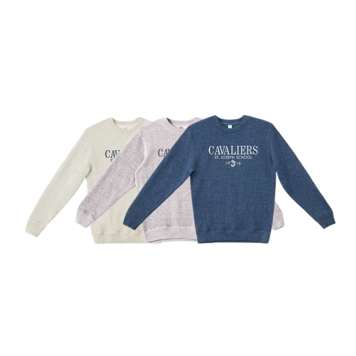 Four sweatshirts in different colors with 'CAVALIERS' text on a white background
