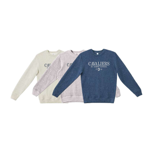 Four sweatshirts in different colors with 'CAVALIERS' text on a white background
