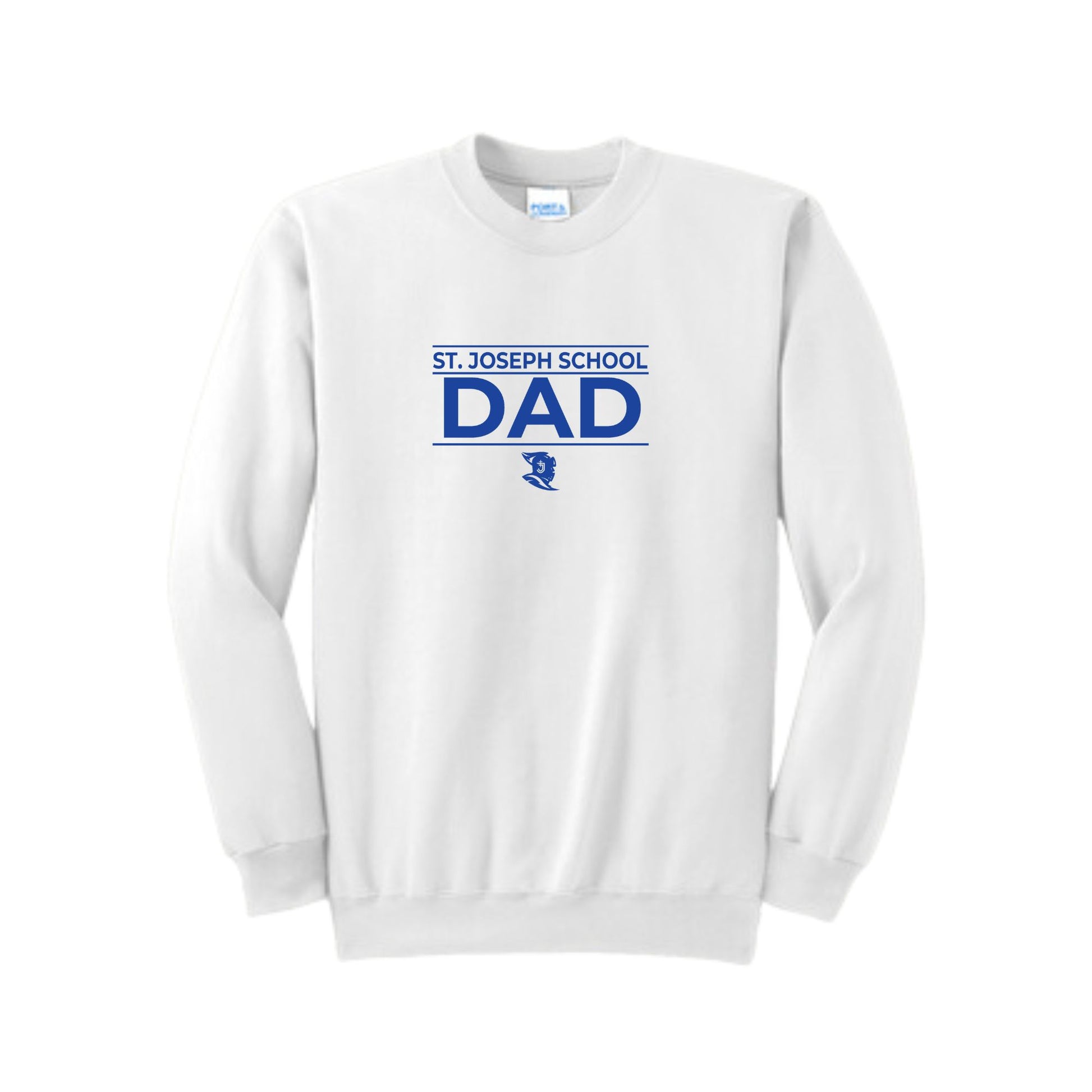 White crewneck sweatshirt with a royal blue st. joseph school dad printed design