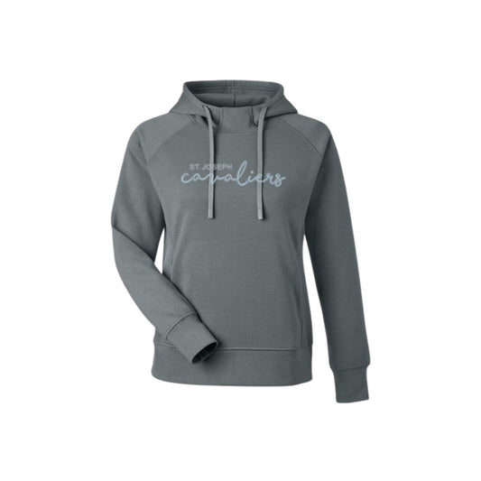 Steel hoodie with 'St. Joseph Cavaliers' embroidered on the front center chest in powder blue thread