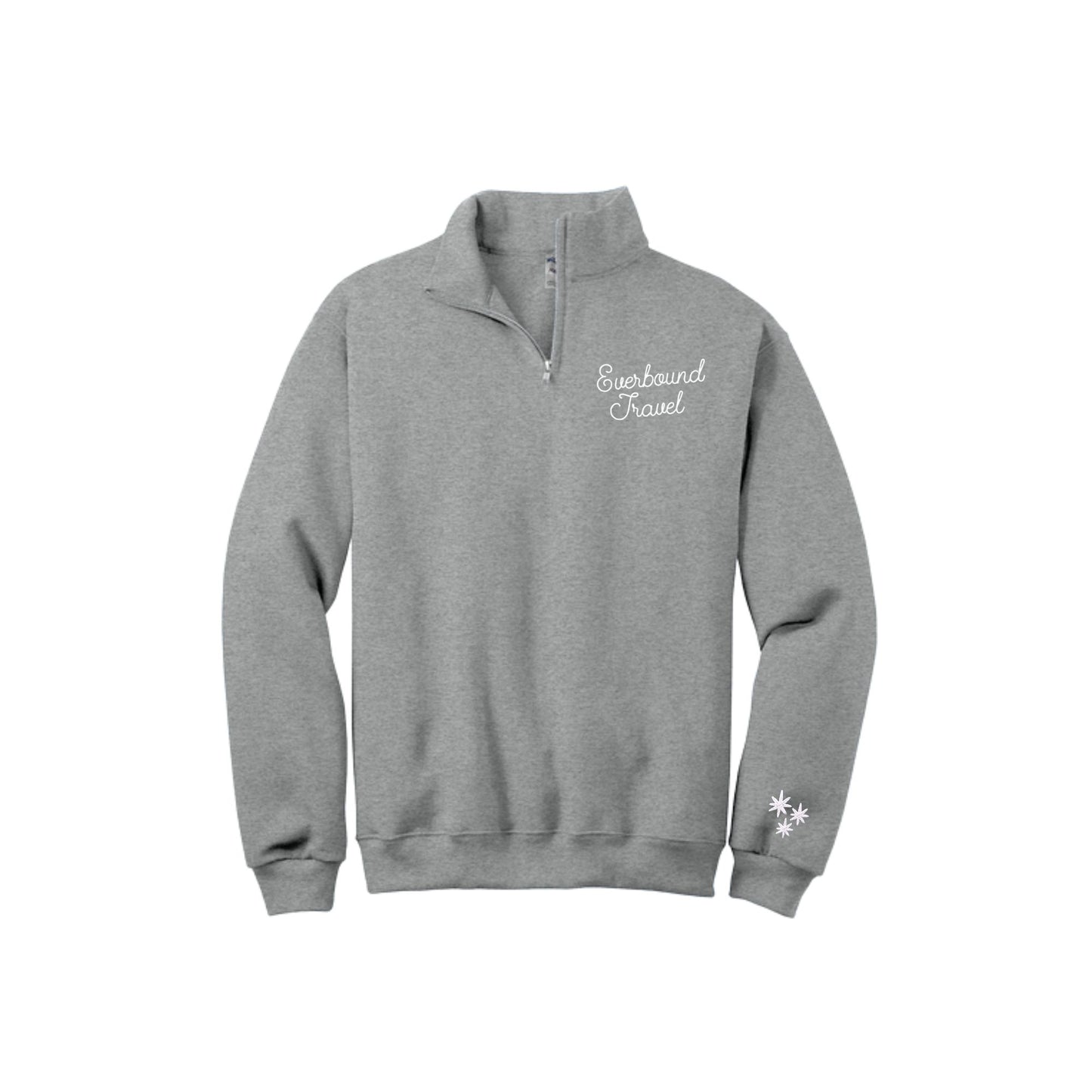 Gray sweatshirt with 'Everbound Travel' logo on a white background