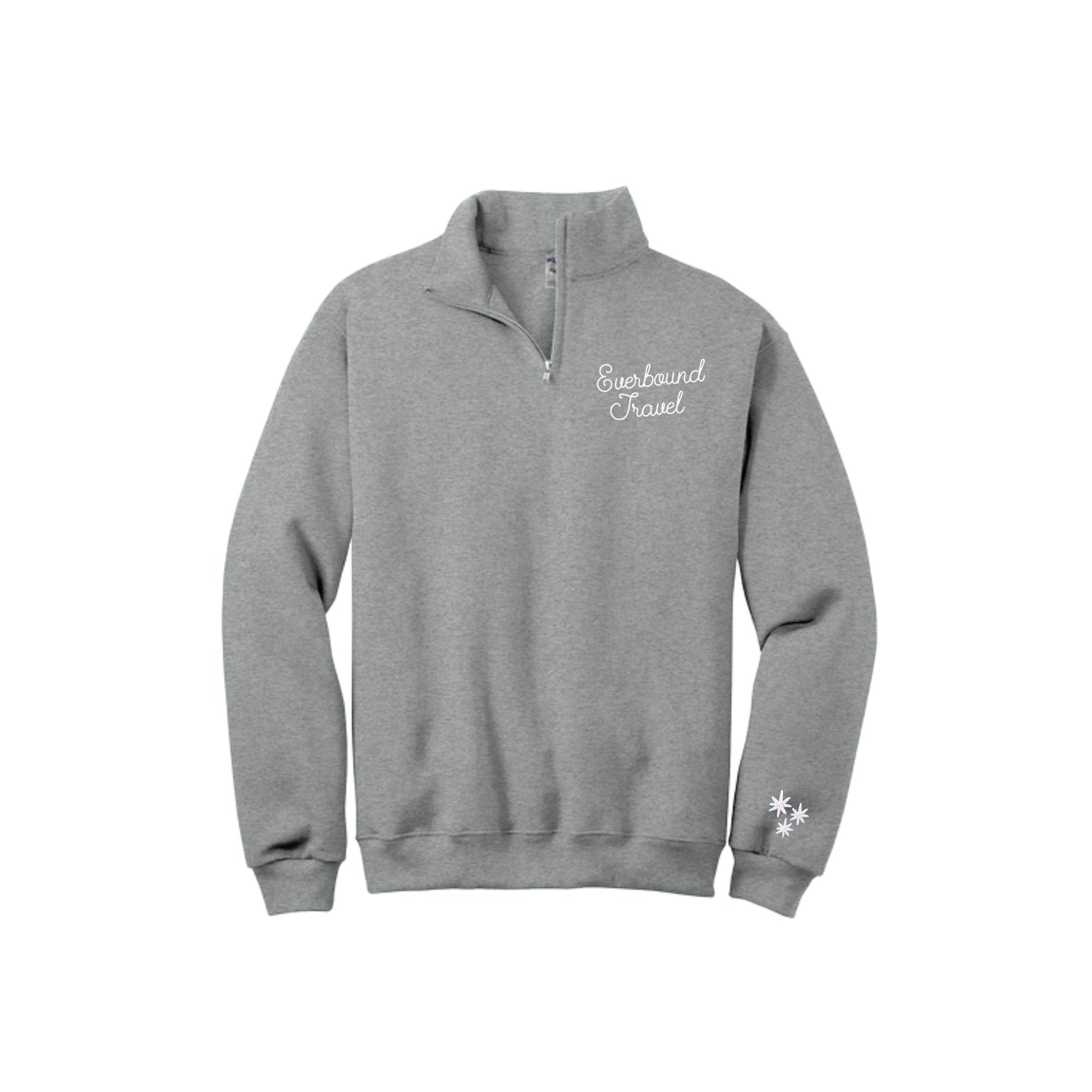 Gray sweatshirt with 'Everbound Travel' logo on a white background