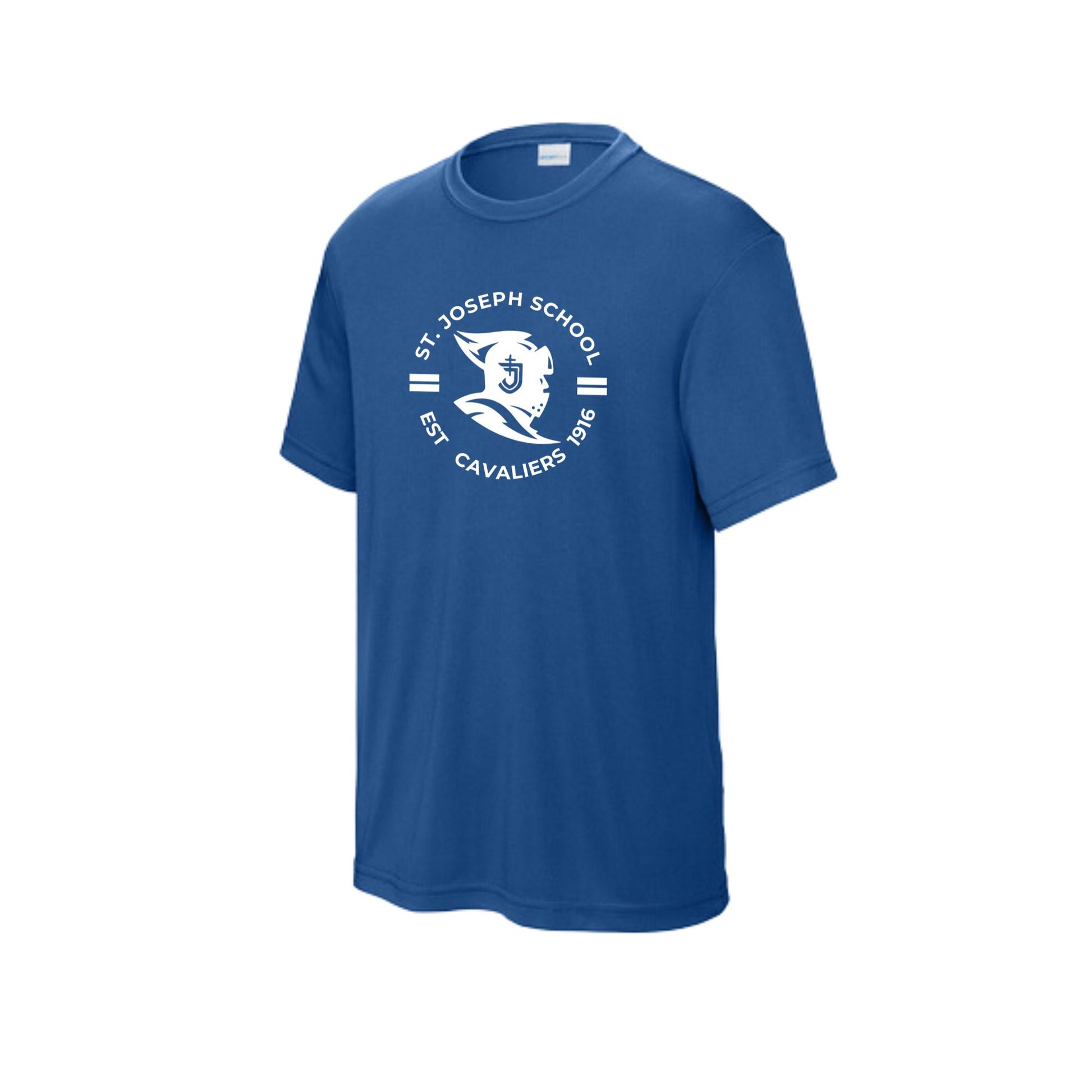 royal blue posicharge performance t-shirt with a custom st. joseph school cavaliers printed design in white ink