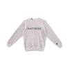 cozy knit salt-n-pepper fleece crew with embroidered open varsity block PANTHERS design on the center chest in green thread and an embroidered green paw print on the left sleeve cuff