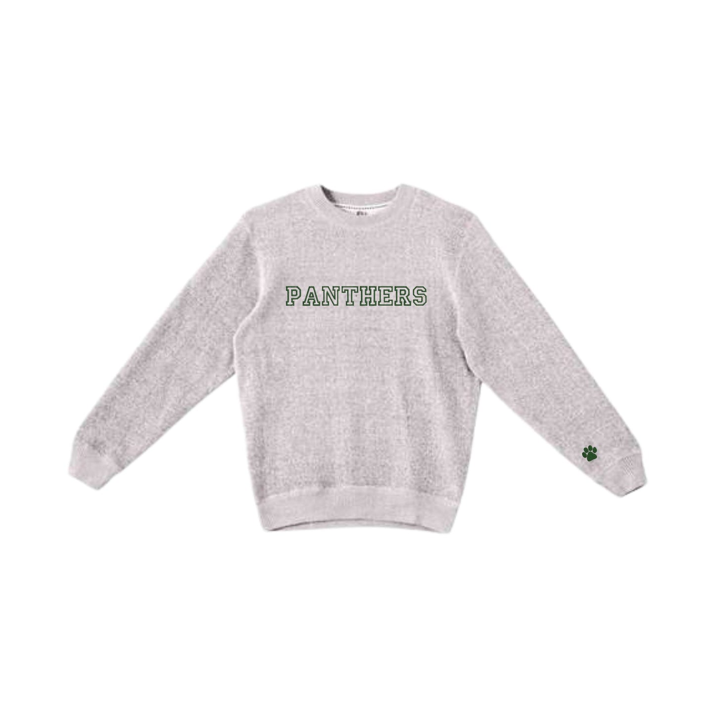 cozy knit salt-n-pepper fleece crew with embroidered open varsity block PANTHERS design on the center chest in green thread and an embroidered green paw print on the left sleeve cuff
