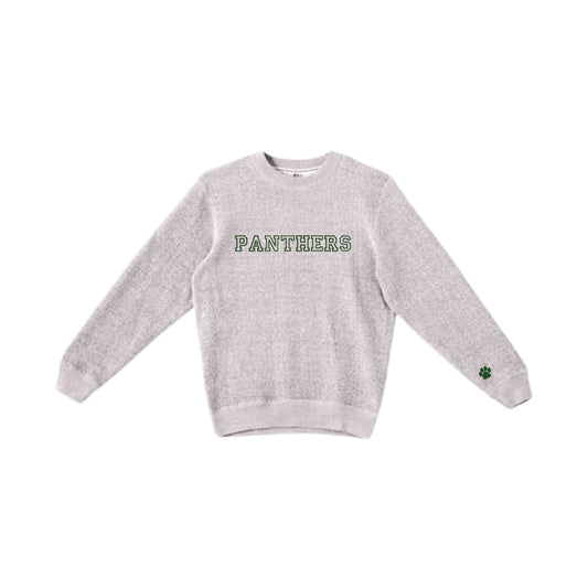 cozy knit salt-n-pepper fleece crew with embroidered open varsity block PANTHERS design on the center chest in green thread and an embroidered green paw print on the left sleeve cuff
