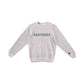 cozy knit salt-n-pepper fleece crew with embroidered open varsity block PANTHERS design on the center chest in green thread and an embroidered green paw print on the left sleeve cuff