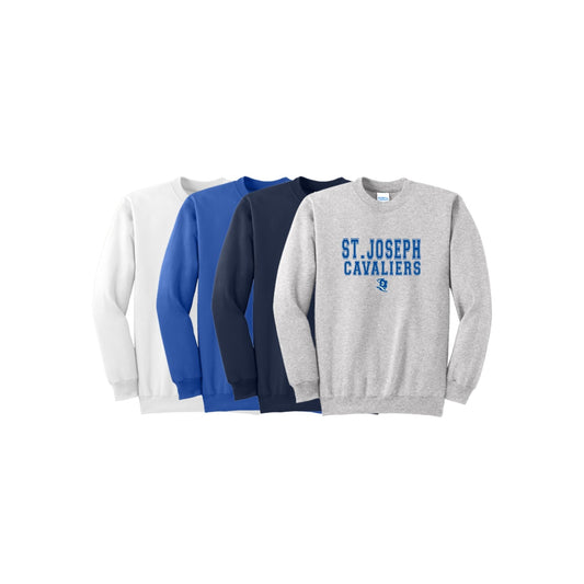 Four sweatshirts in different colors with 'St. Joseph Cavaliers' text on a white background