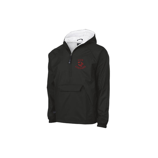 black pullover rain jacket with custom ccs cougars embroidered logo on the left chest in red thread