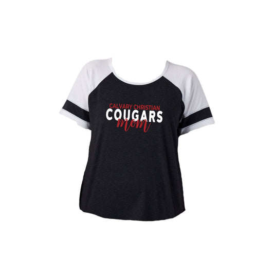 black heather and white colorblock jersey t-shirt with custom calvary christian cougars mom print on the center chest in white and red ink