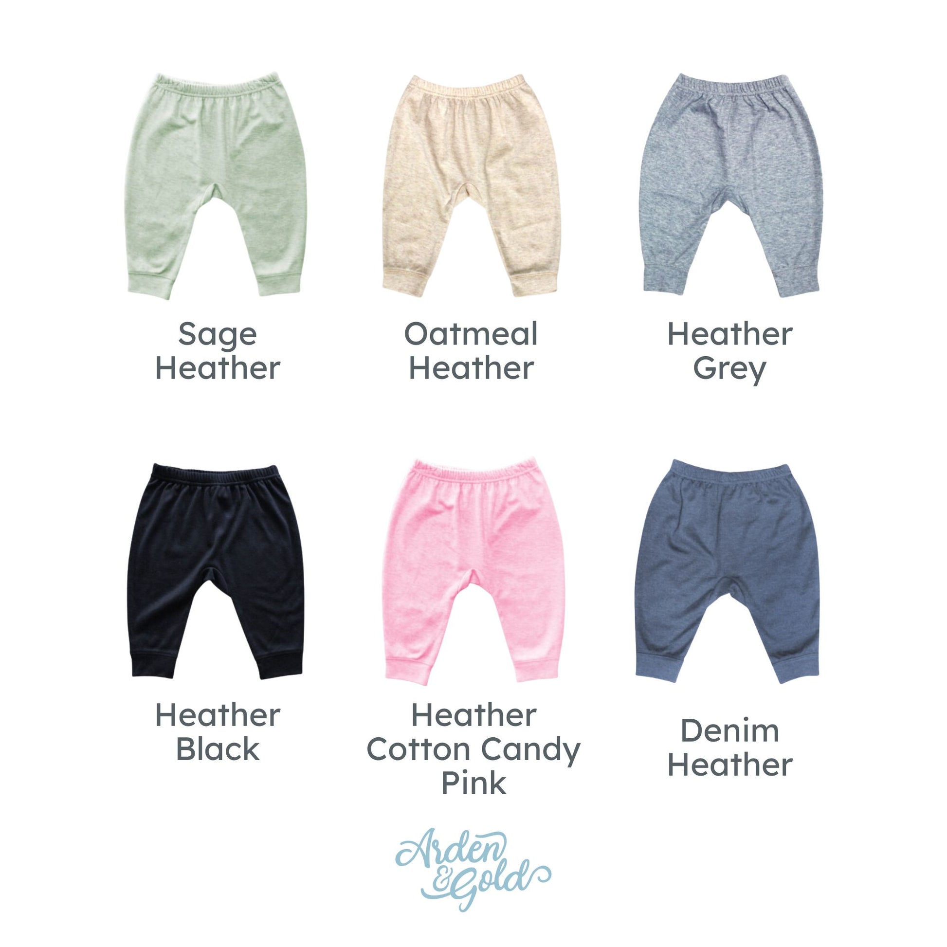 infant jogger color options: sage heather, oatmeal heather, heather grey, heather black, heather cotton candy pink, denim heather