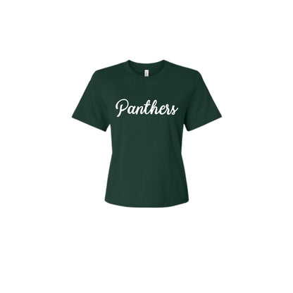 Green t-shirt with 'Panthers' text on a white background