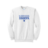 White crewneck sweatshirt with a royal blue st. joseph school grandpa printed design