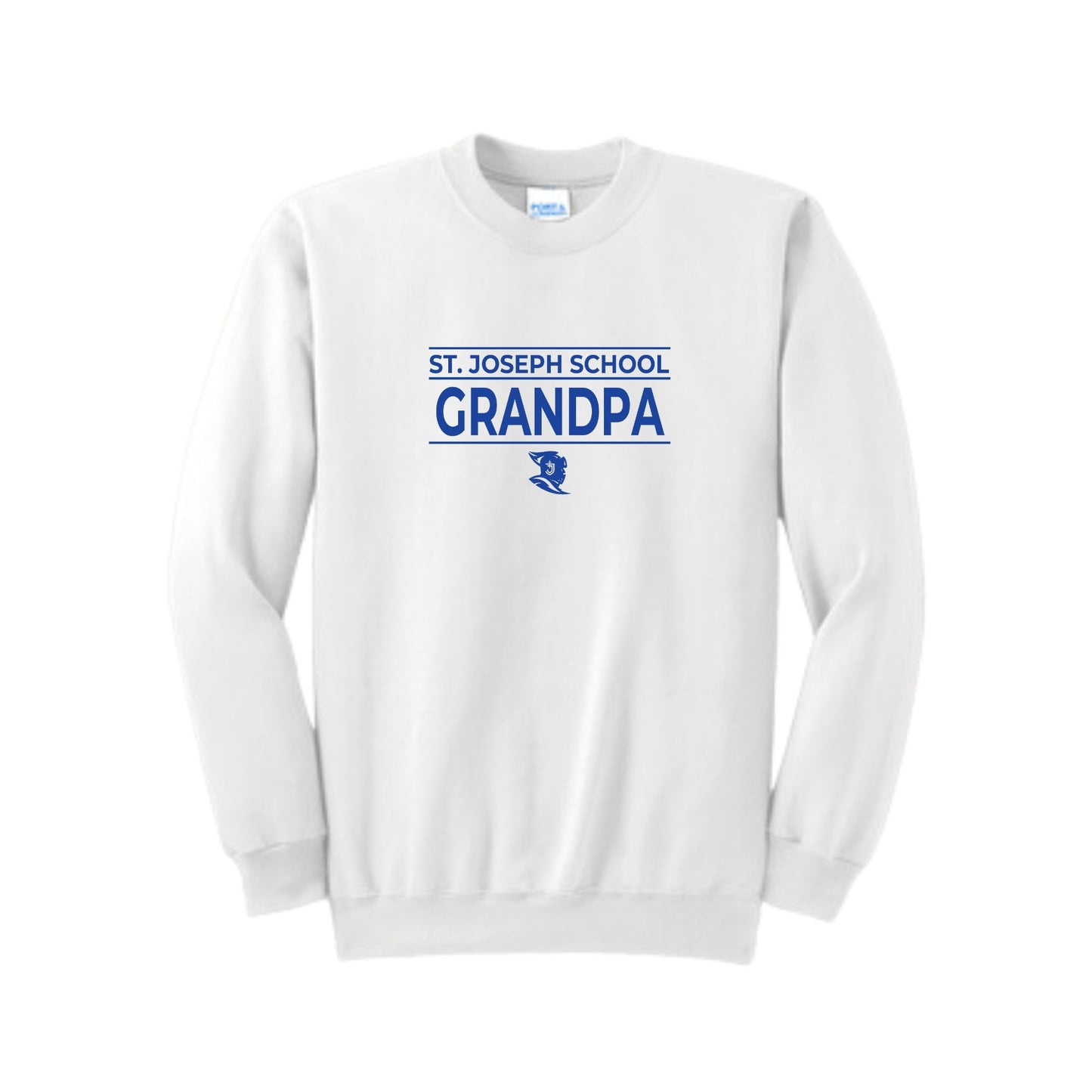 White crewneck sweatshirt with a royal blue st. joseph school grandpa printed design