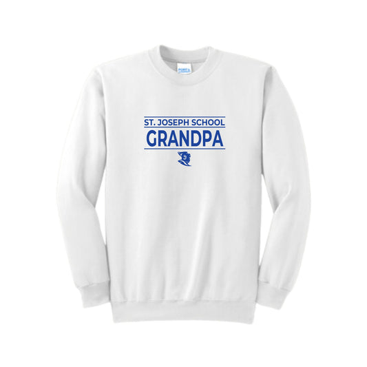 White crewneck sweatshirt with a royal blue st. joseph school grandpa printed design