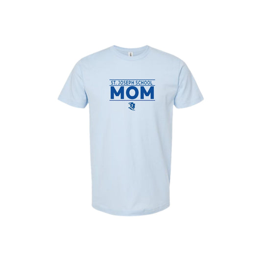 Light blue t-shirt with 'St. Joseph School Mom' text on a white background