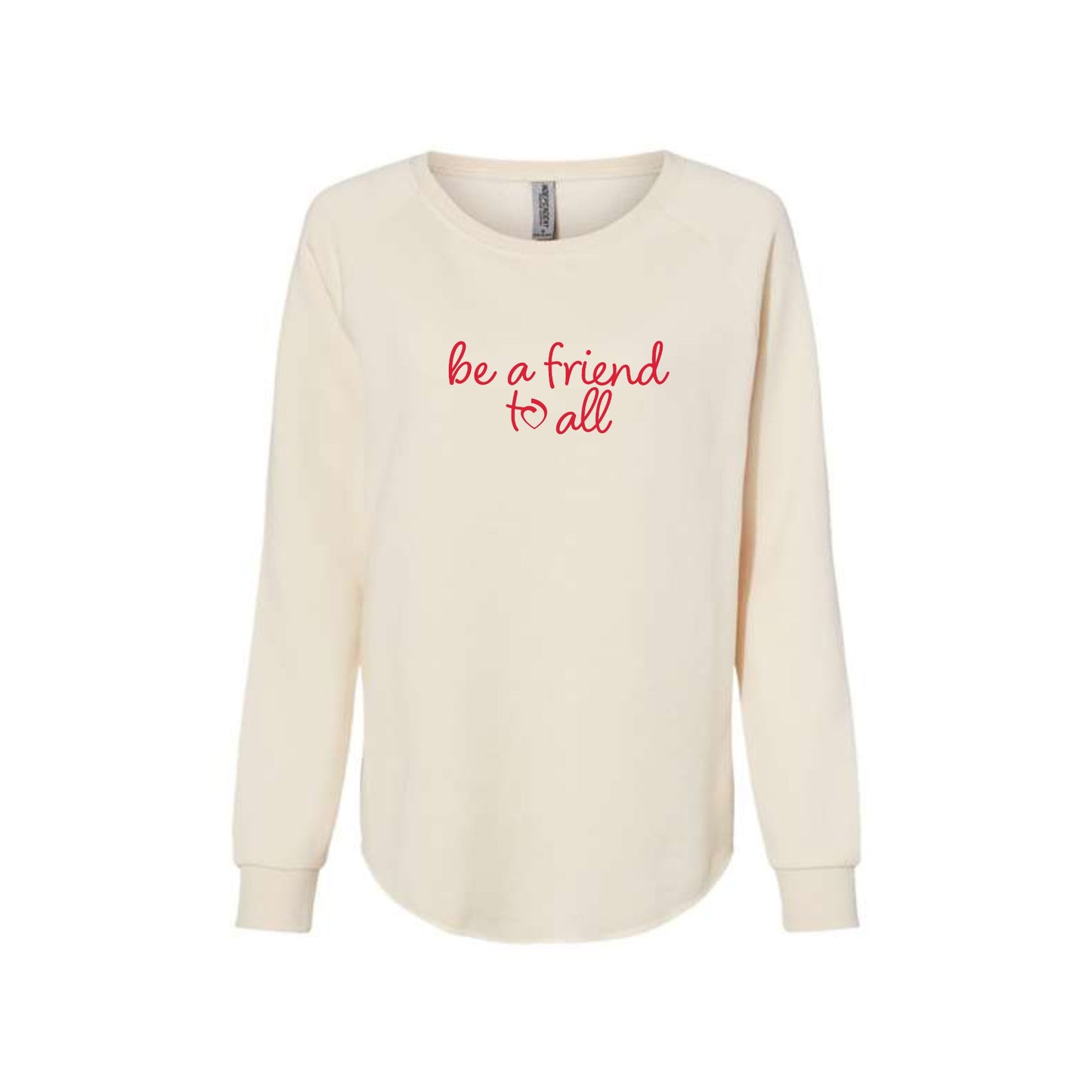 bone wave wash women's crewneck with a be a friend to all sacred heart schools print in red across the chest