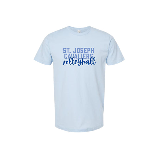 Light blue t-shirt with 'St. Joseph Cavaliers volleyball' text on a white background