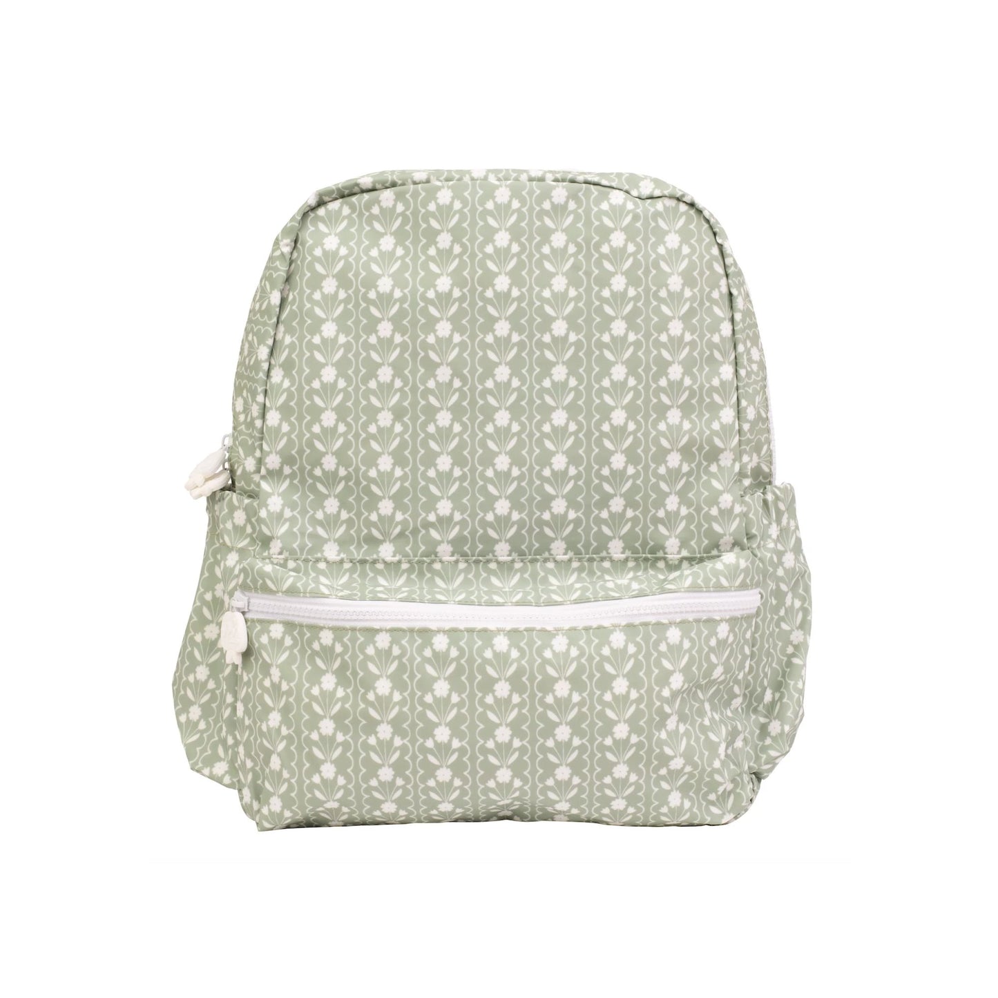 Sage floral backpack with a white zipper on a white background