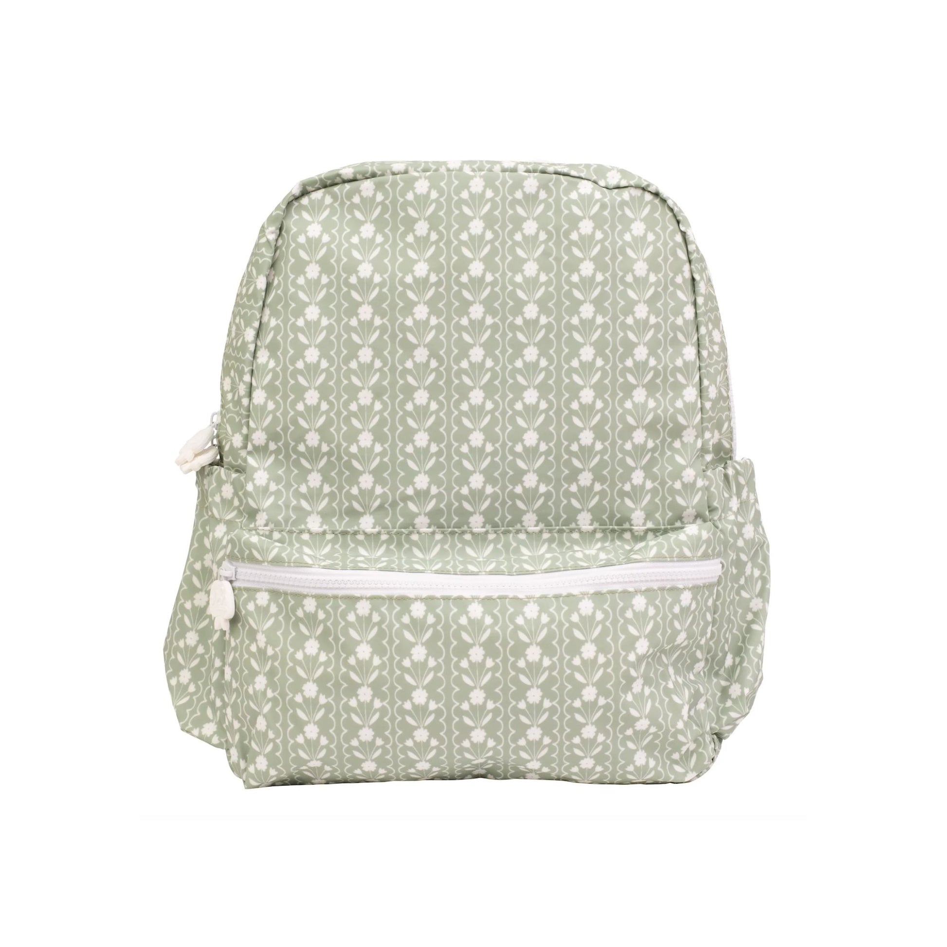 Sage floral backpack with a white zipper on a white background