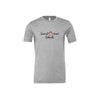 athletic heather bella and canvas tee with a custom sacred heart schools print in black and red