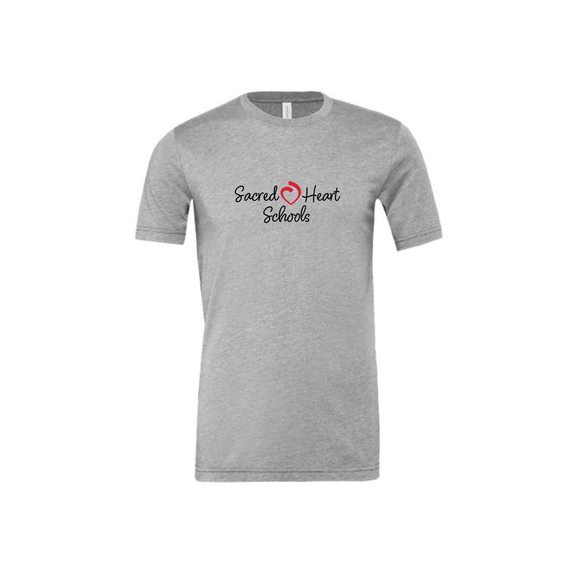 athletic heather bella and canvas tee with a custom sacred heart schools print in black and red