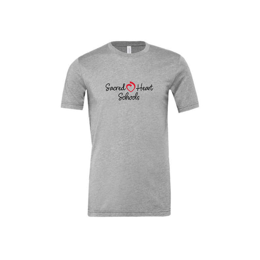 athletic heather bella and canvas tee with a custom sacred heart schools print in black and red