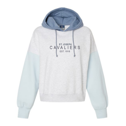 Ladies St. Joseph Cavaliers Embroidered Color Blocked Crop Hooded Sweatshirt | SJSEA