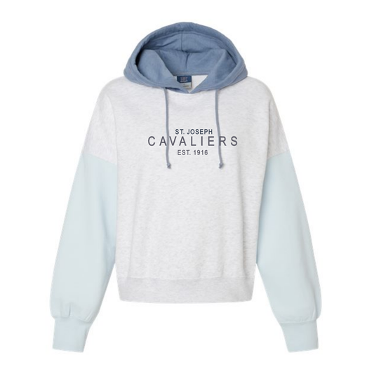 Ladies St. Joseph Cavaliers Embroidered Color Blocked Crop Hooded Sweatshirt | SJSEA
