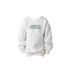 White sweatshirt with 'Saint Pius X Panthers' embroidered design on the center chest in green thread