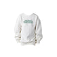 White sweatshirt with 'Saint Pius X Panthers' embroidered design on the center chest in green thread