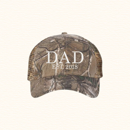 realtree camo hat with custom dad and est. year embroidered design in natural thread