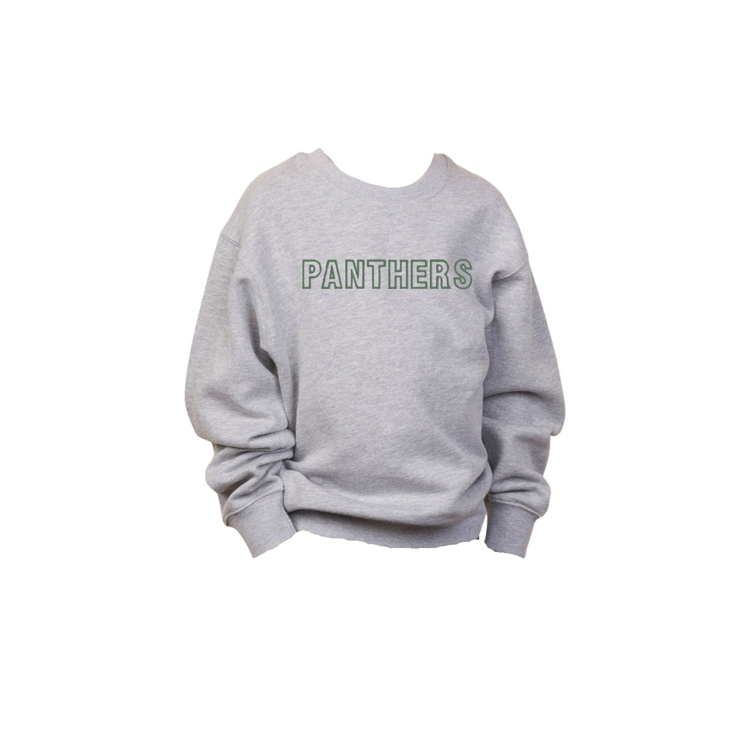 Gray sweatshirt with 'PANTHERS' text on a white background
