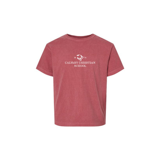 crimson comfort colors t-shirt with custom calvary christian school embroidered design in white thread