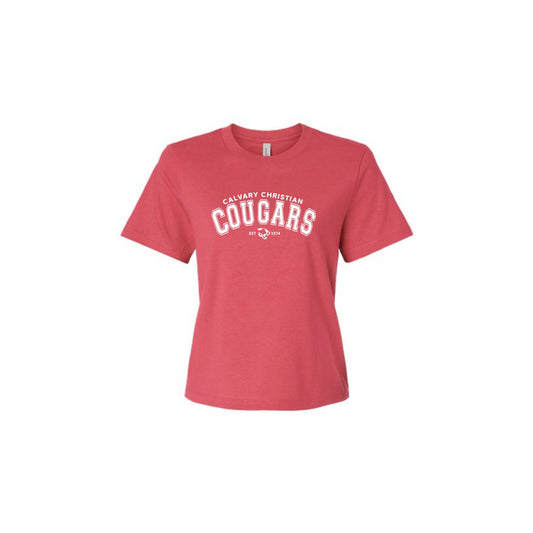 vintage red boxy ladies tee with custom cougars print in white across the chest