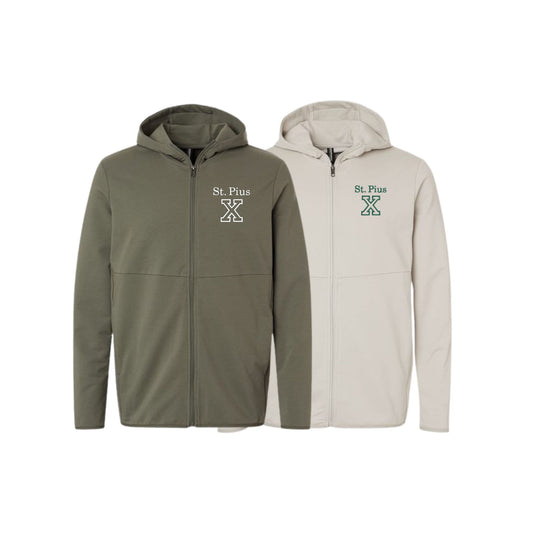 Two hoodies, one green and one beige, with 'St. Plus' logo on a white background
