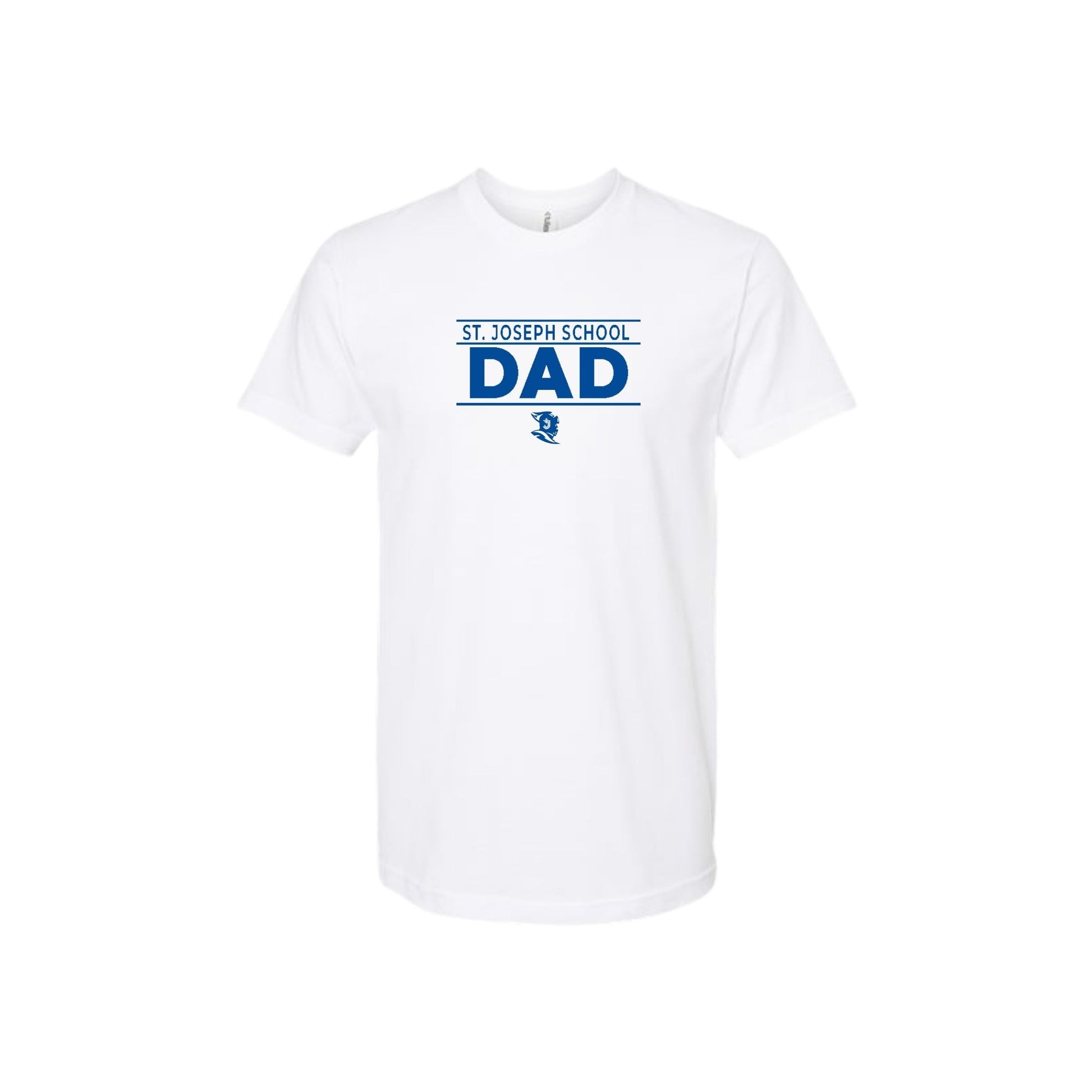 White t-shirt with 'St. Joseph School DAD' text on a white background