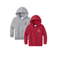 Two children's zip-up hoodies shown on a plain white background: one heather gray hoodie and one red hoodie, both with a small circular chest logo reading CCF Engineers.