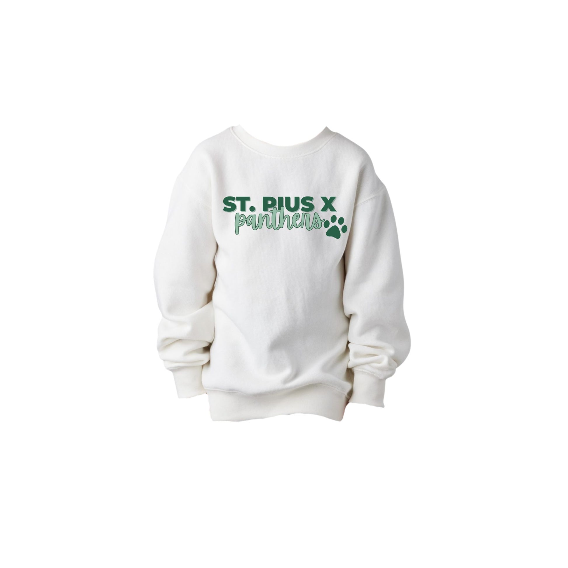 White sweatshirt with 'St. Pius X Panthers' text on a white background