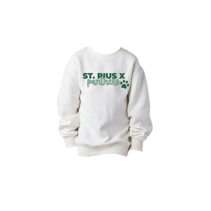 White sweatshirt with 'St. Pius X Panthers' text on a white background