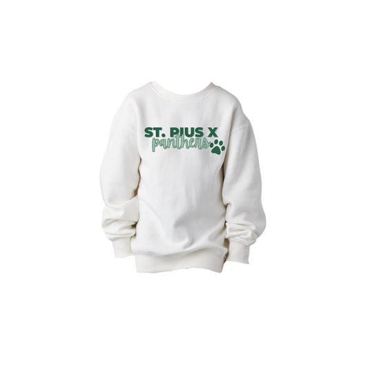 White sweatshirt with 'St. Pius X Panthers' text on a white background