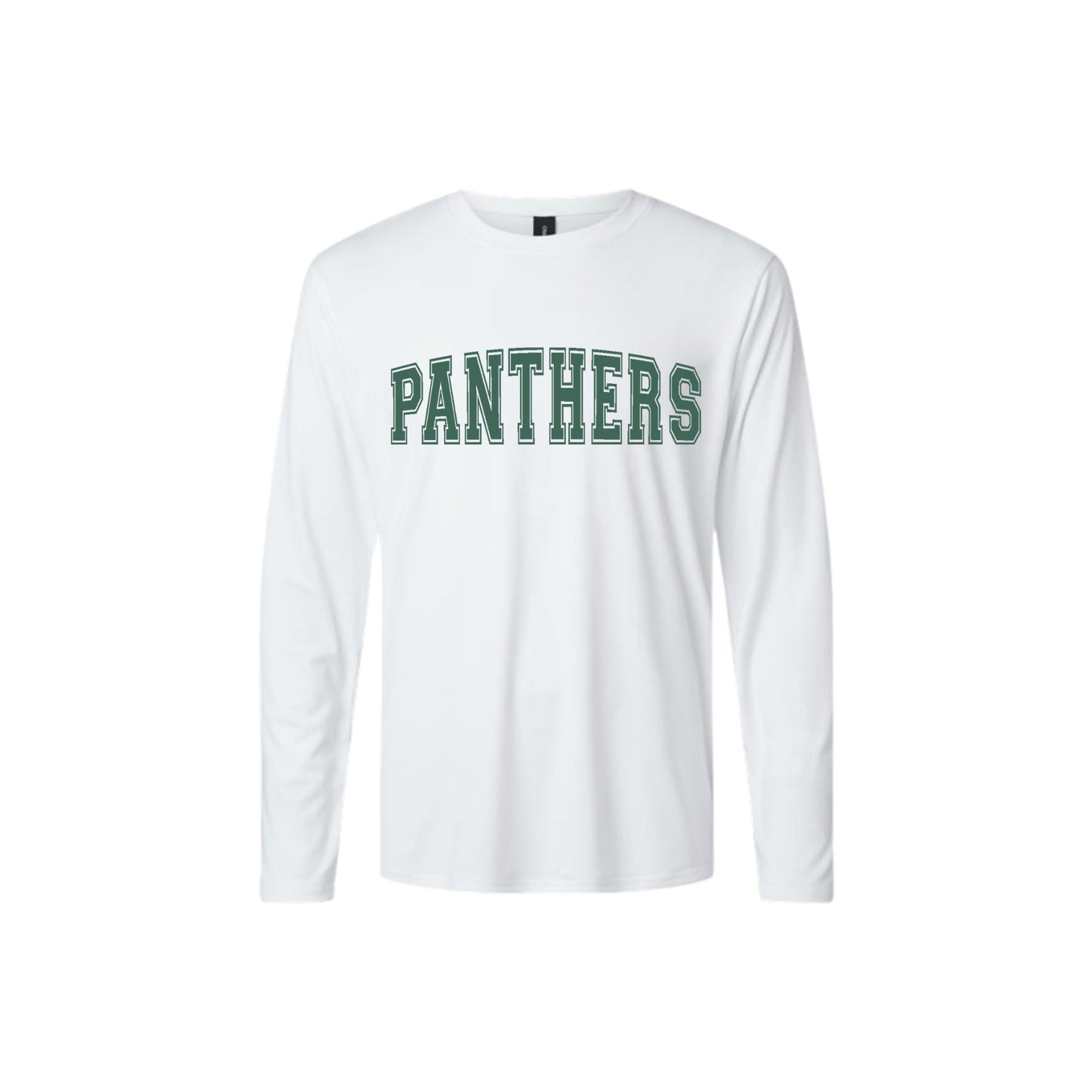 White long-sleeve shirt with 'PANTHERS' text on a white background