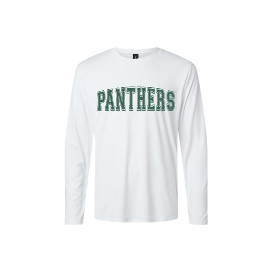White long-sleeve shirt with 'PANTHERS' text on a white background